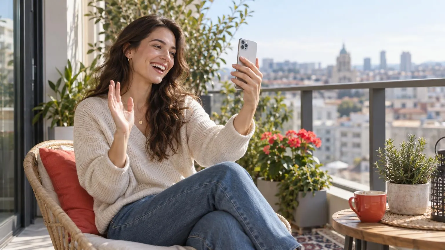 A woman holding her phone up for a video call while sitting on a bright balcony