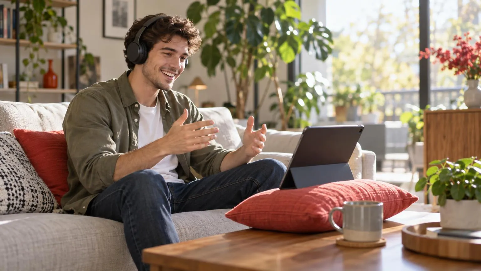 A man with headphones smiling during a video call on his tablet in a sunny living room