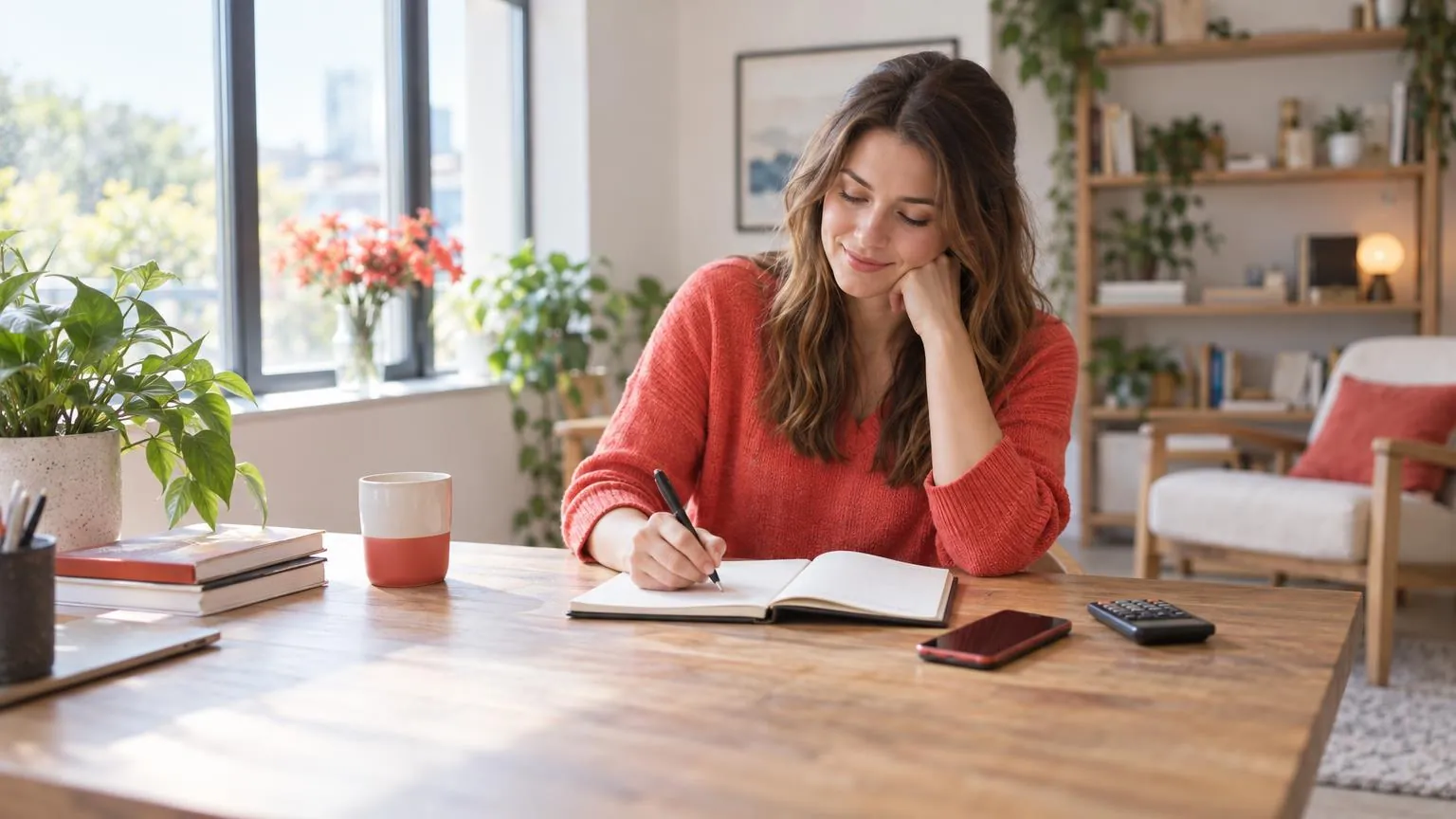 A woman writing notes in a notebook next to her phone at a bright wooden desk