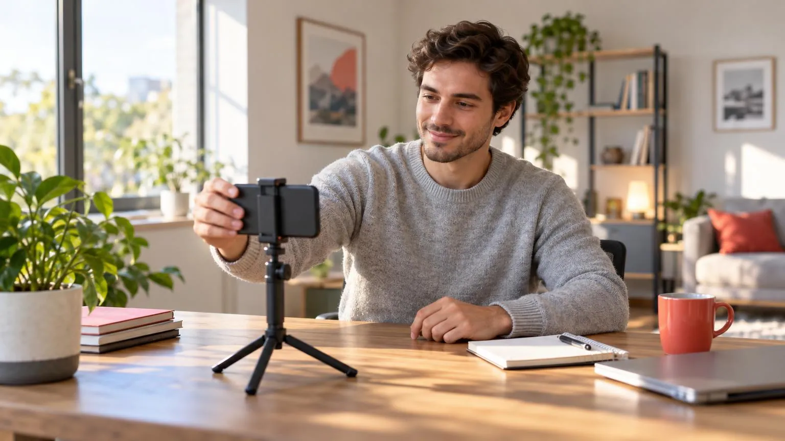 A young man setting up his phone on a small tripod at a sunny desk before a video call