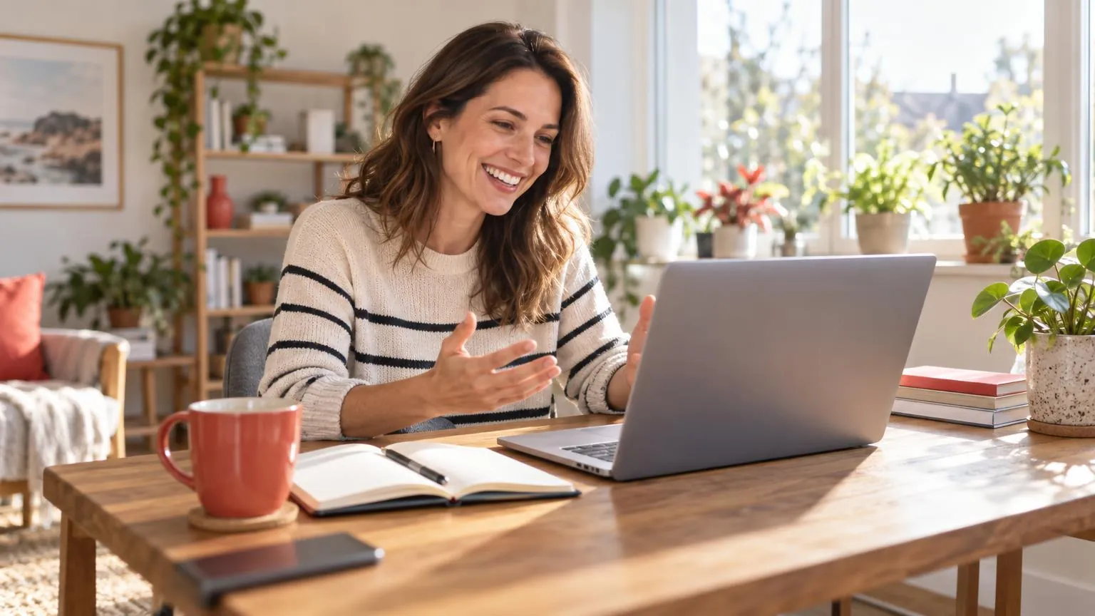 A creator at a bright desk talking to a fan on a laptop video call, notebook and coffee beside her