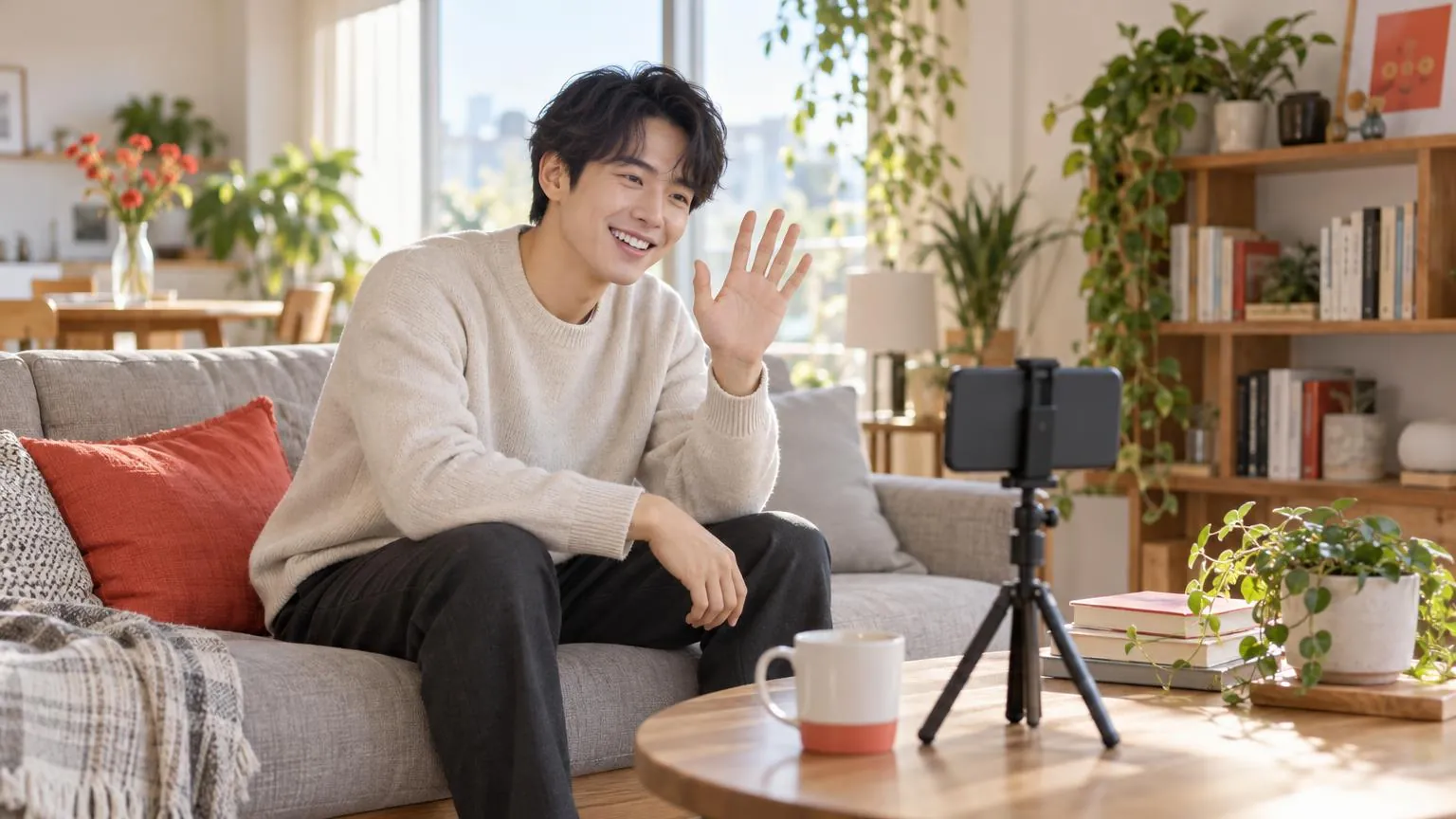 A smiling creator on a video call with a fan in a bright, tidy living room