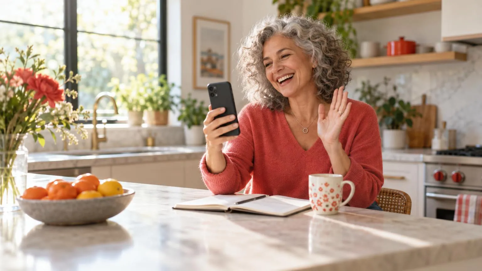 A creator laughing during a phone video call in a sunny kitchen
