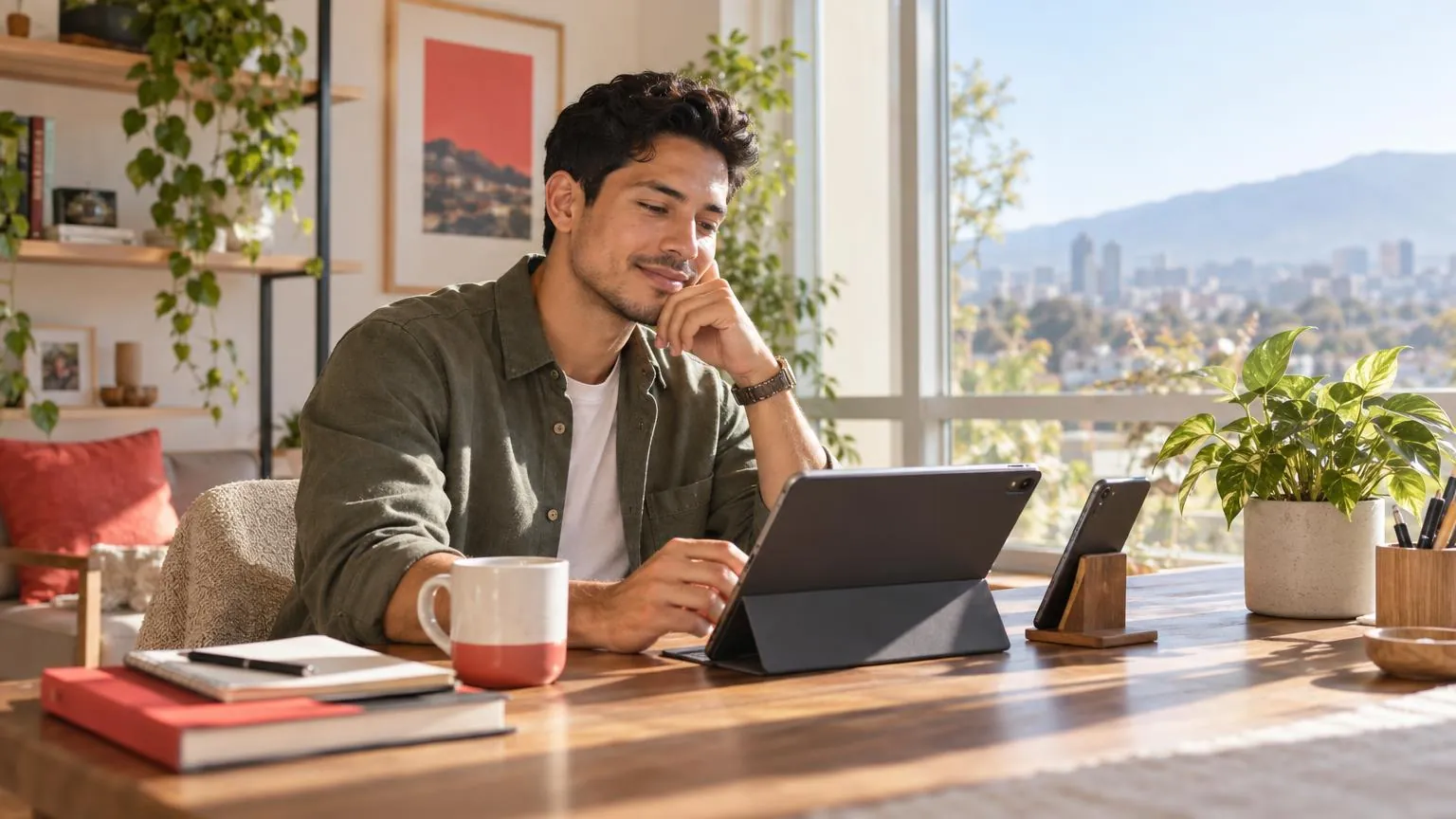 A man reviewing his calendar on a tablet beside a phone on a sunny desk