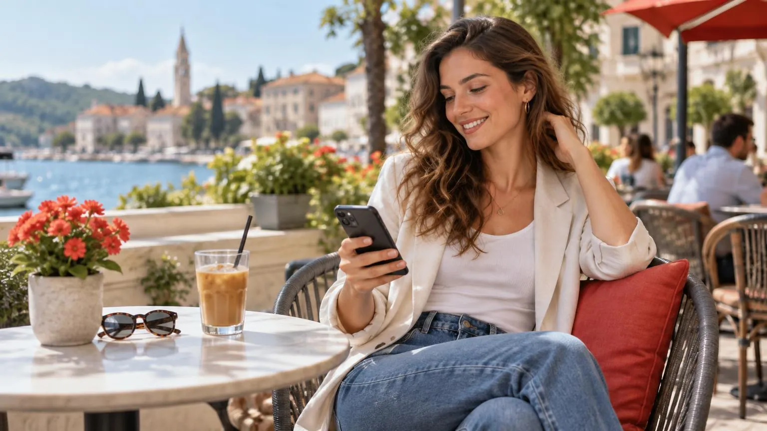 Una giovane donna sorride al telefono che squilla sulla terrazza soleggiata di un bar