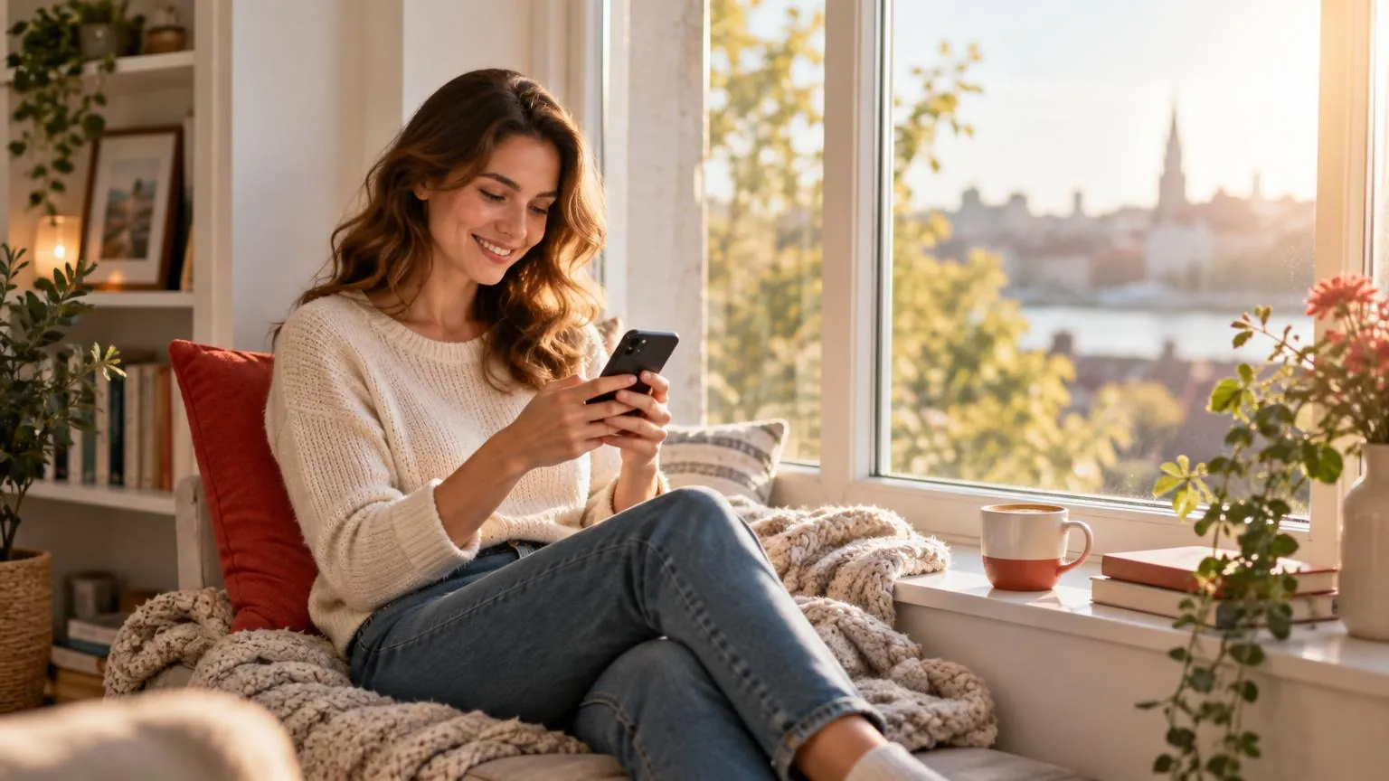 Una donna sorride con calore leggendo un messaggio sul telefono, seduta vicino a una finestra soleggiata