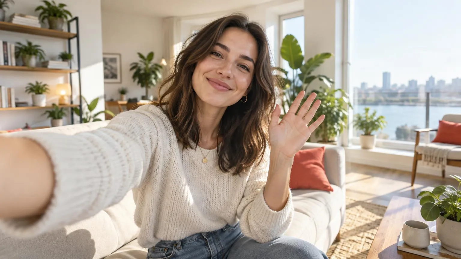 Una giovane donna gira un breve video selfie con il telefono in una stanza luminosa piena di piante