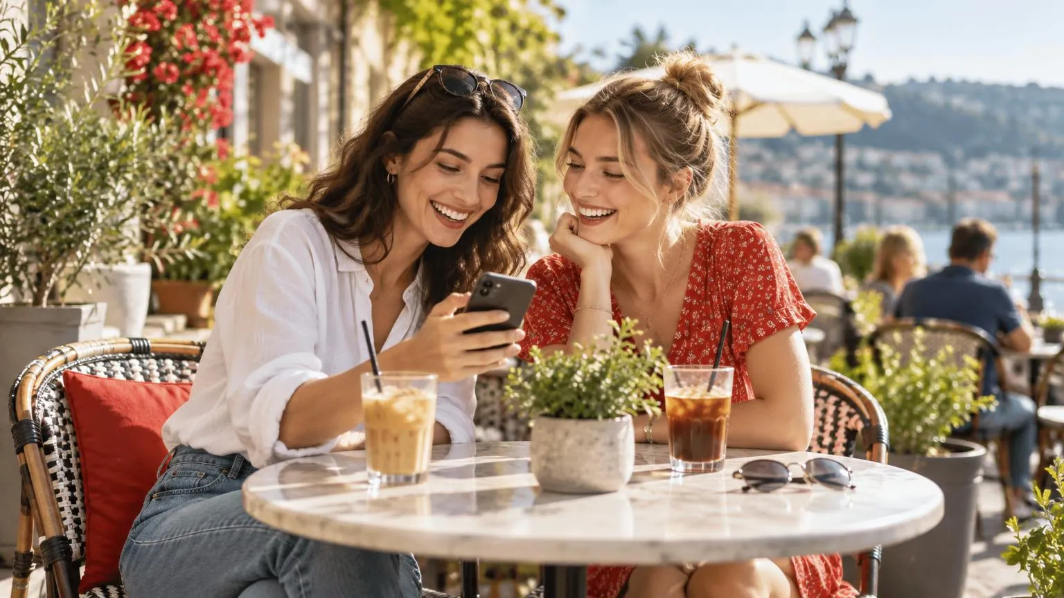 Due amiche ridono insieme guardando un telefono al tavolino soleggiato di un bar all'aperto