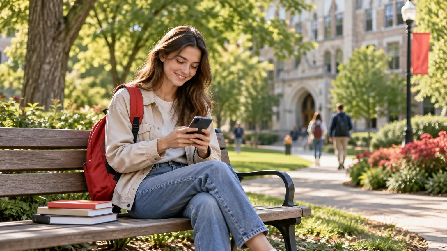 A young woman with a backpack checking her phone on a sunny university campus bench
