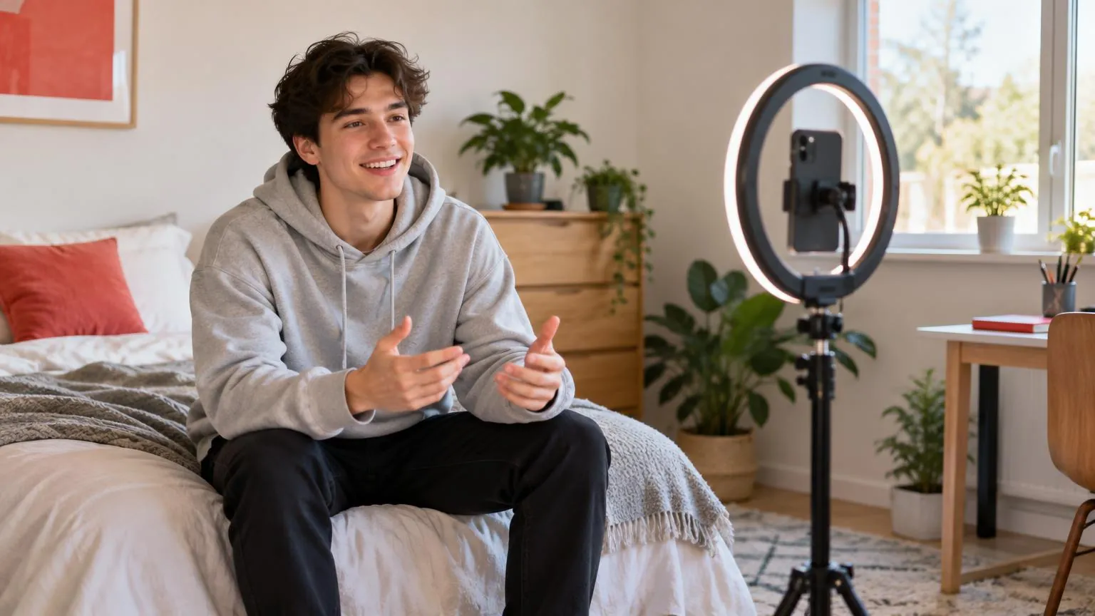 Un giovane registra un breve video con il telefono e un piccolo ring light in una camera luminosa