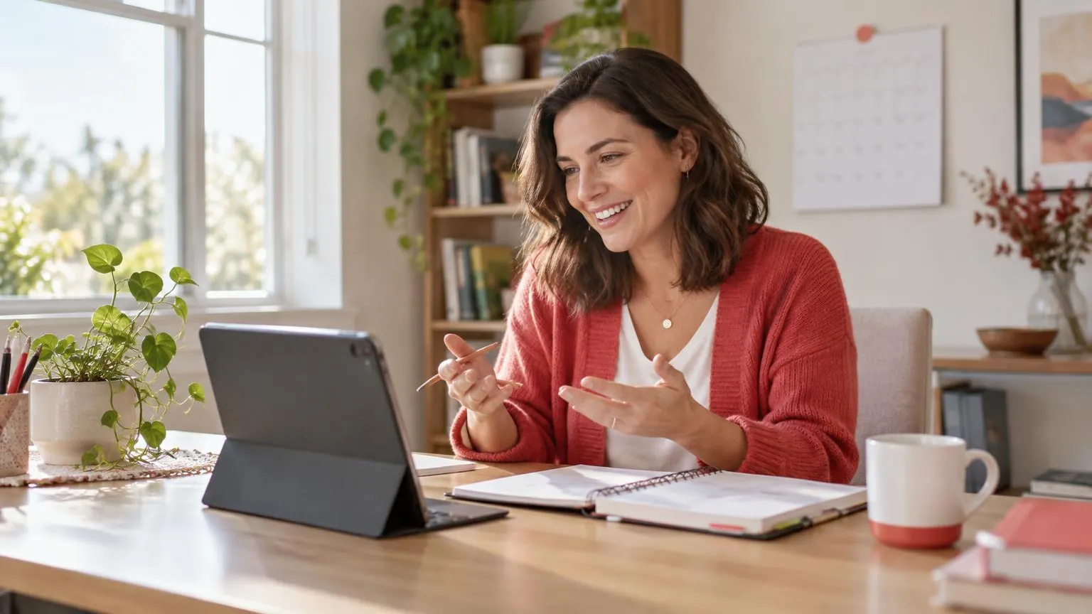 Una donna tiene una lezione online allegra su un tablet, con un calendario appeso alla parete dietro di lei