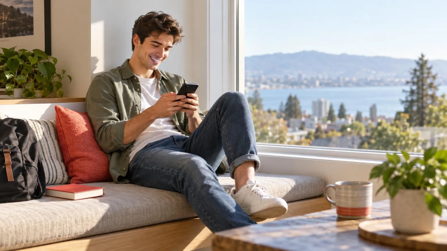 A young man typing a chat message on his phone at a sunny window