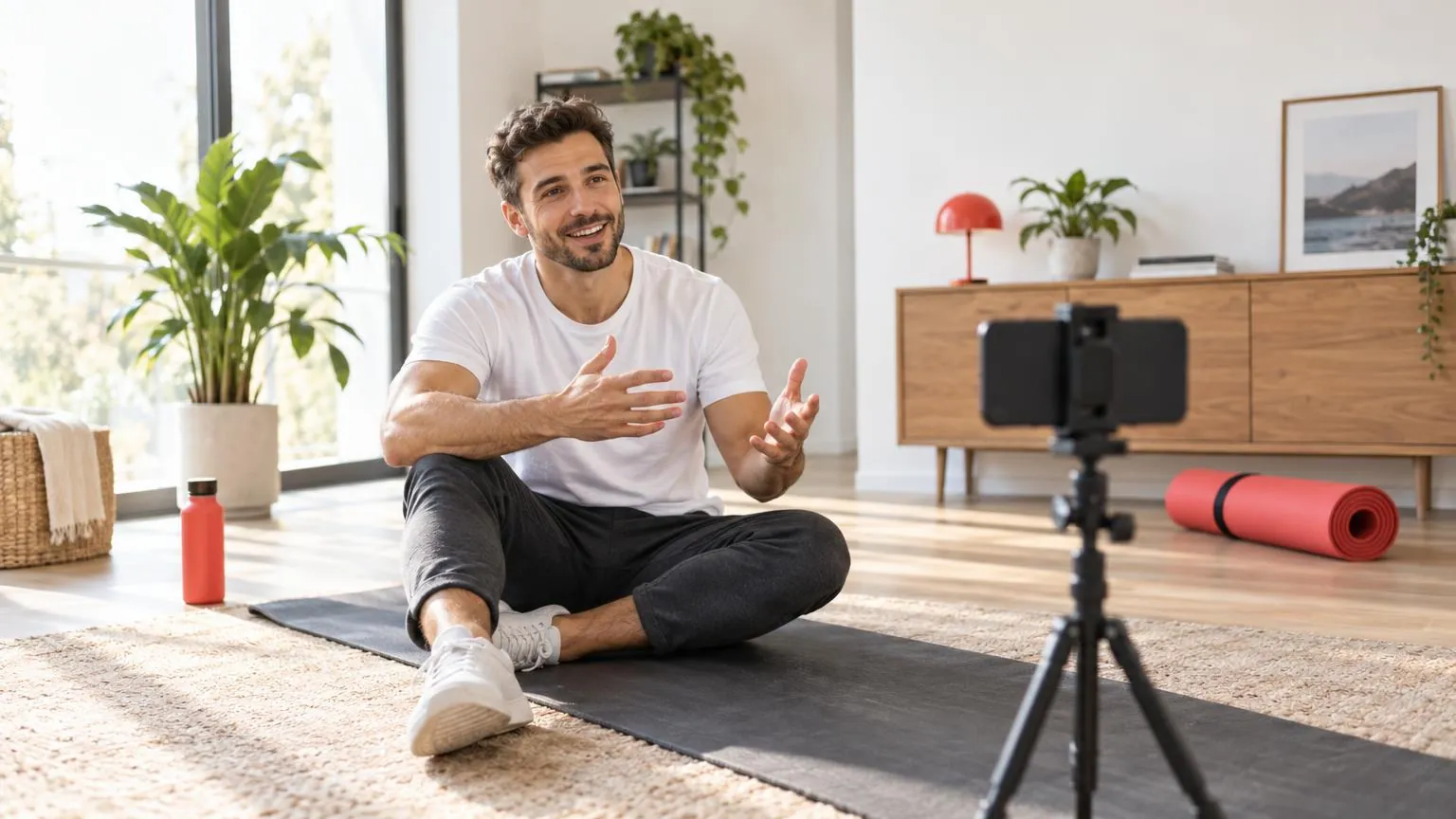 A fitness coach talking to a client on a phone mounted on a tripod