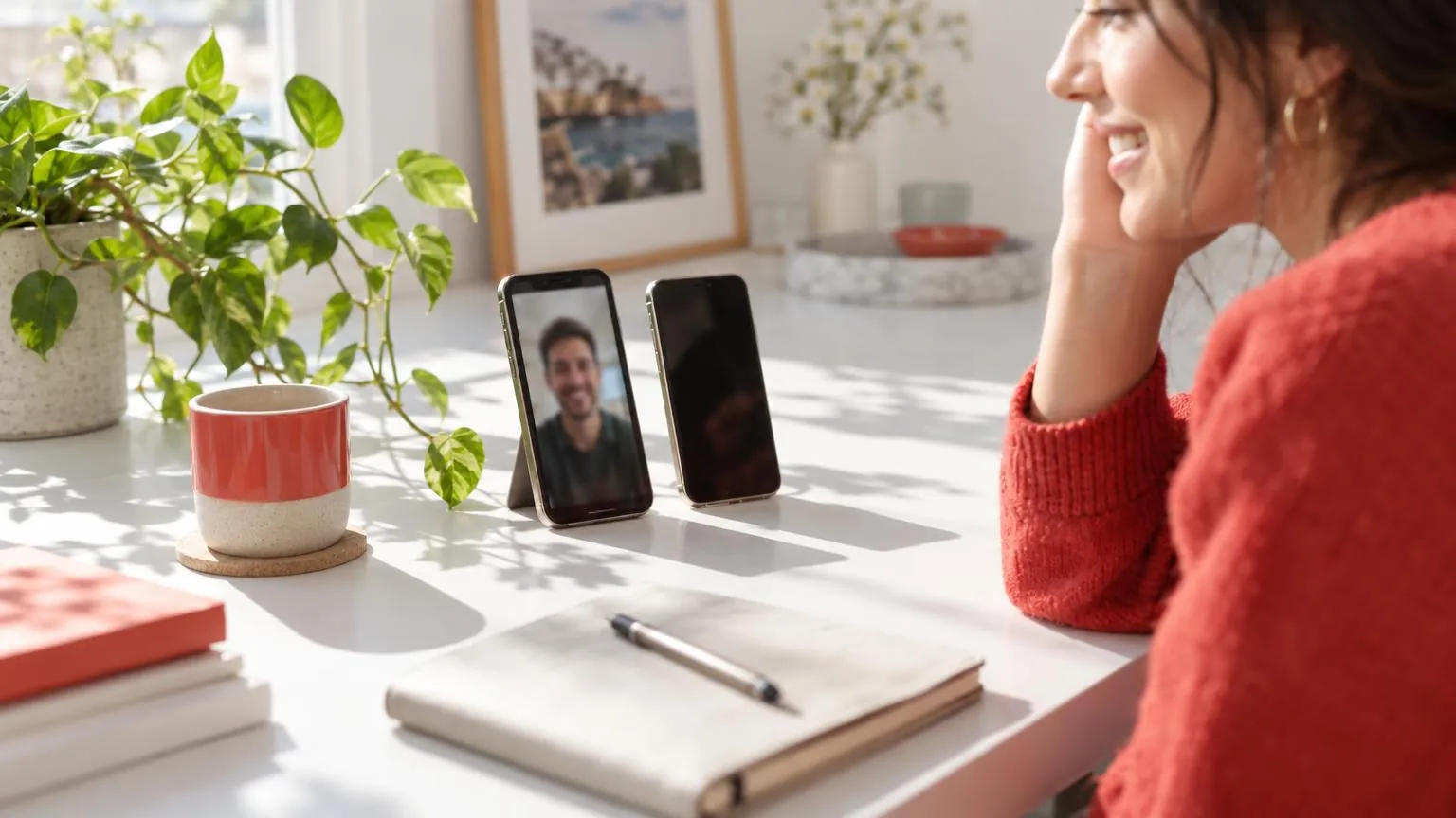 Due telefoni affiancati su una scrivania, uno con una videochiamata in corso