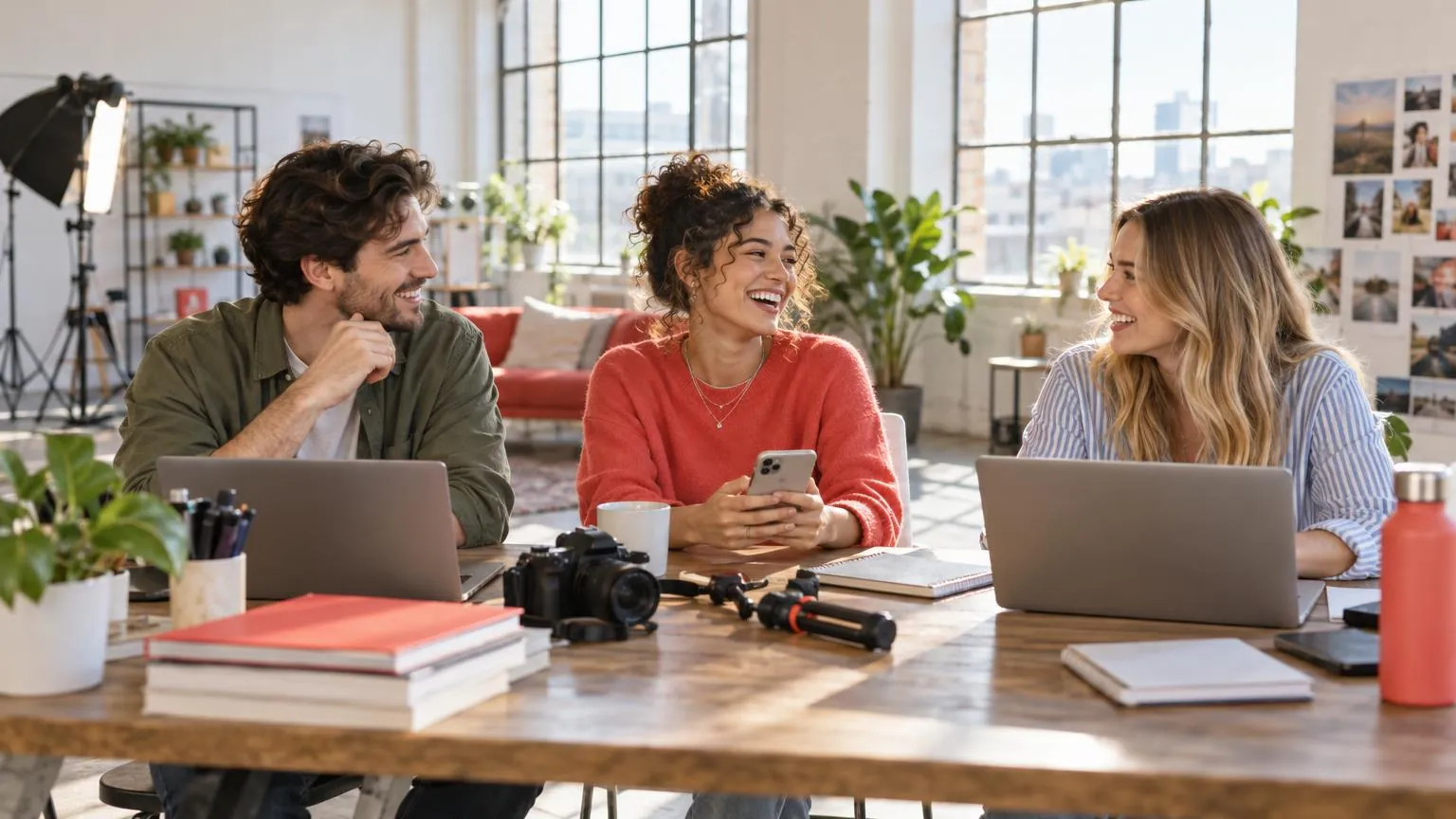 Three content creators laughing together at a long table in a studio