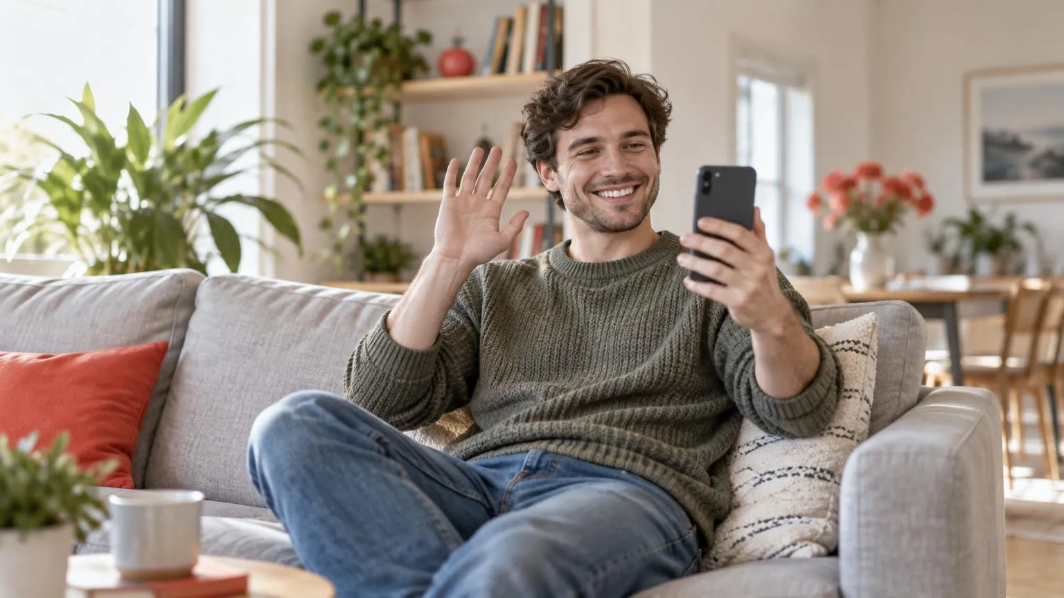 Ein lächelnder junger Mann sitzt in einem hellen Wohnzimmer auf dem Sofa und hält sein Handy für einen Videoanruf hoch