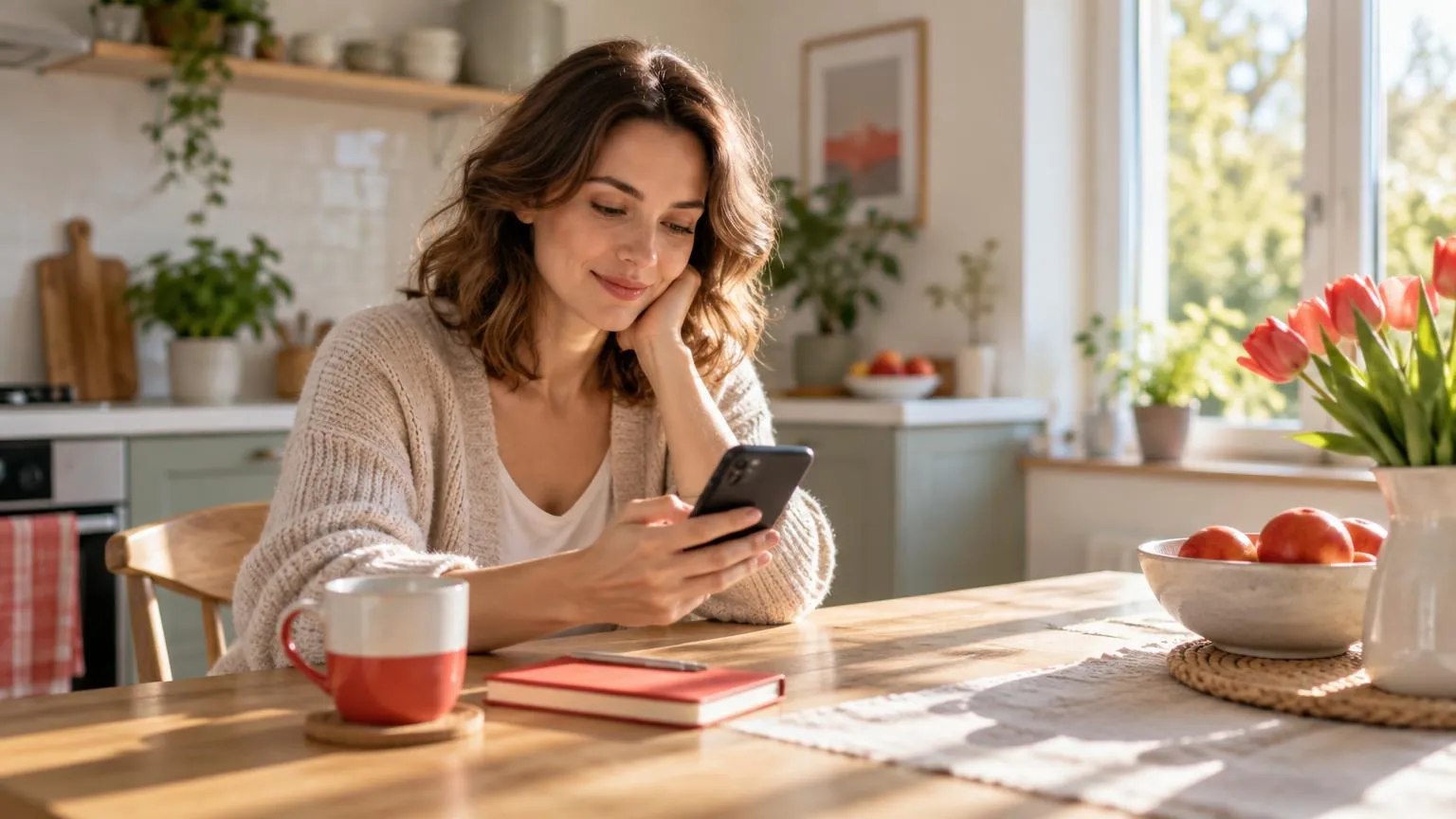 Eine Frau sitzt im Morgenlicht mit einer Tasse Kaffee am Küchentisch und schaut auf ihr Handy