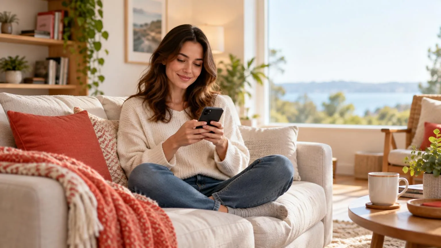 Eine entspannte Frau sitzt in einem ruhigen, hellen Wohnzimmer auf dem Sofa und nutzt ihr Handy