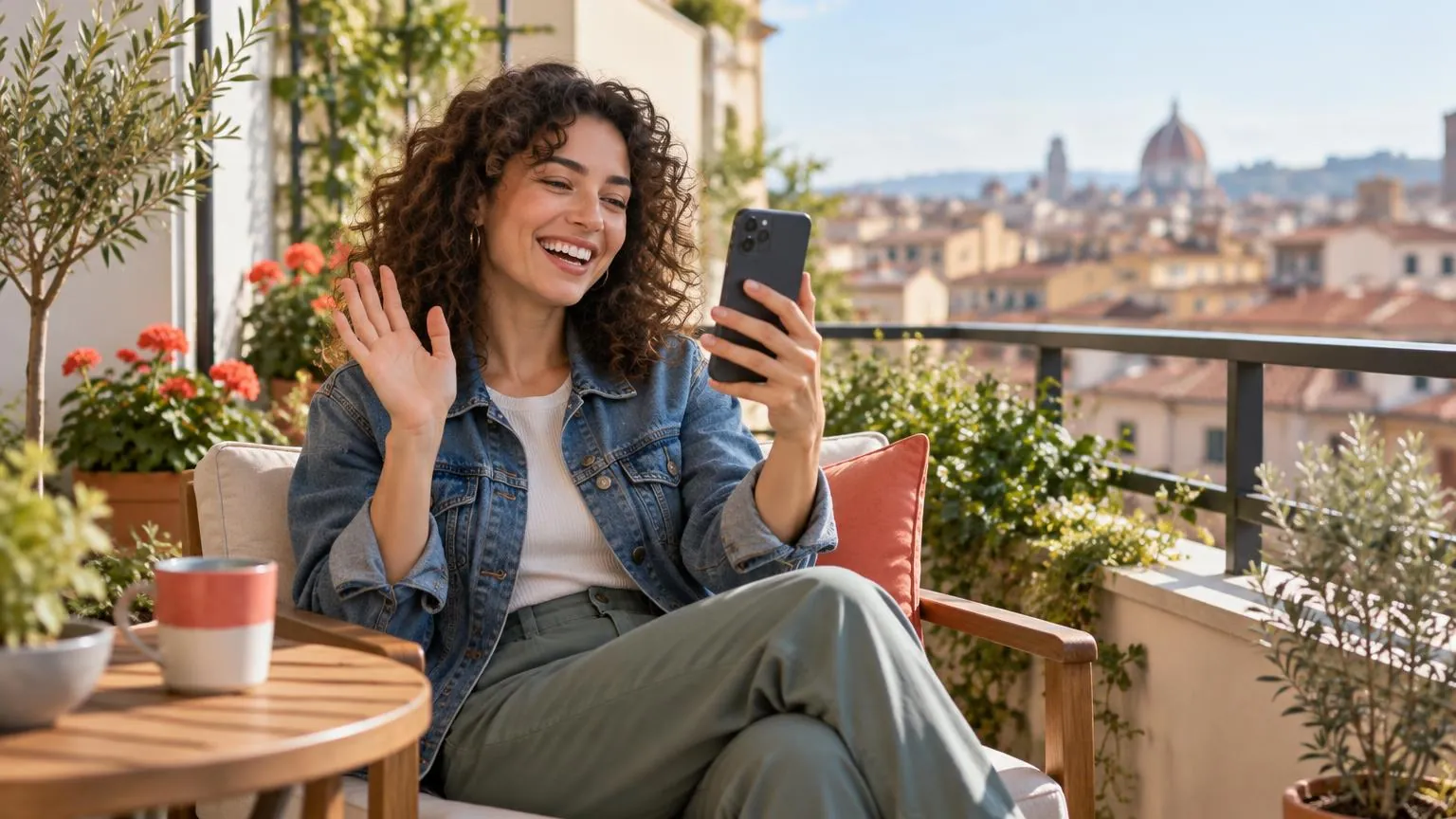 Eine junge Frau lacht während eines Videoanrufs auf dem Handy, während sie auf einem sonnigen Balkon sitzt