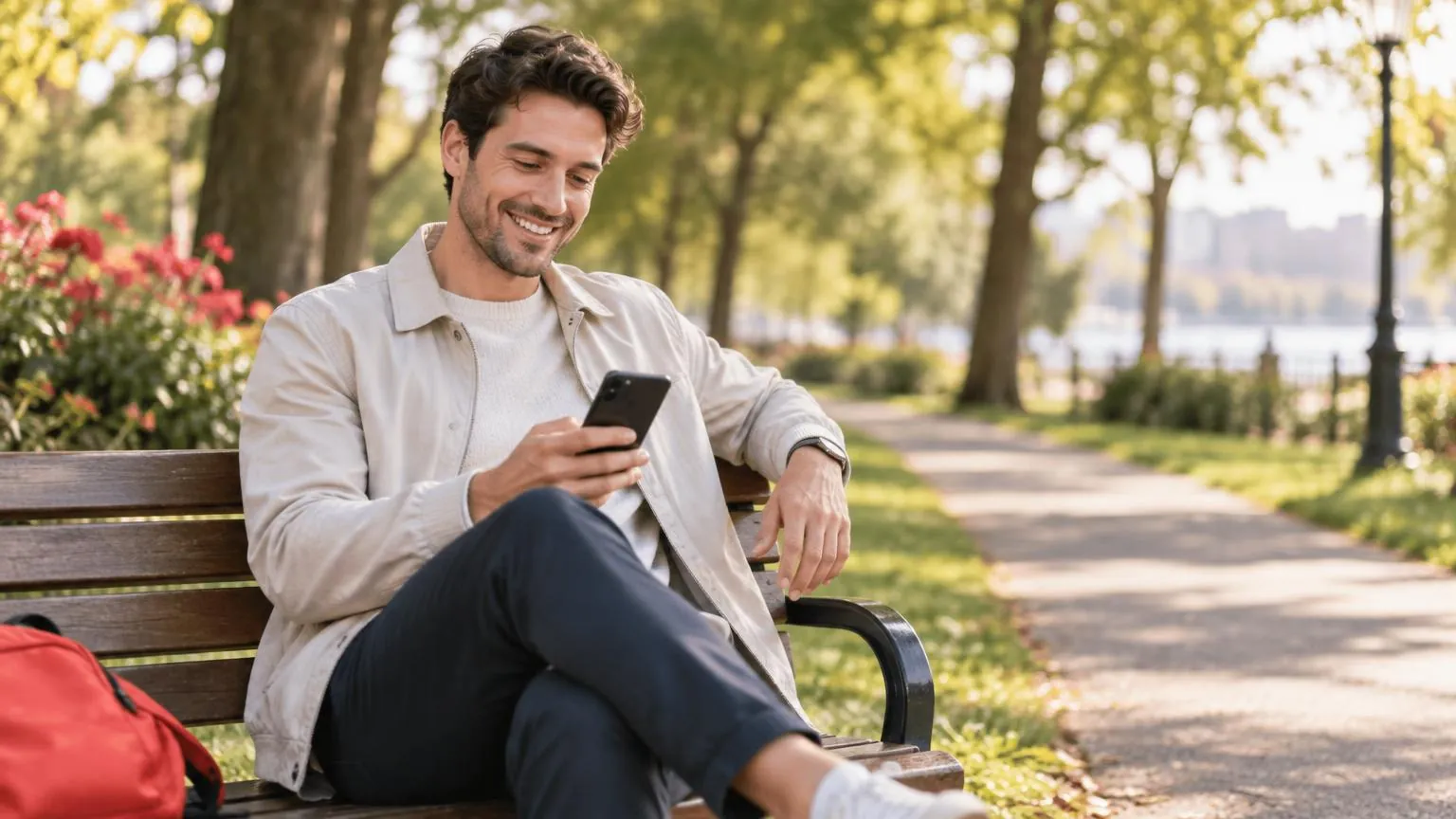 Un uomo sorridente seduto su una panchina del parco guarda il telefono in un pomeriggio di sole
