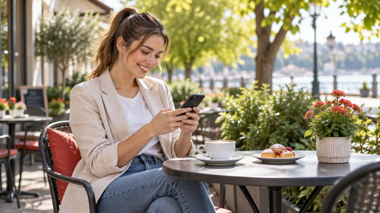 Una donna sorridente scrive un breve messaggio sul telefono al tavolino soleggiato di un bar