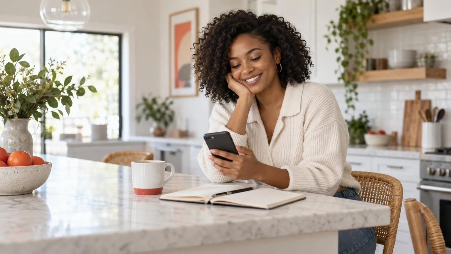 A creator smiling at her phone at a bright kitchen counter