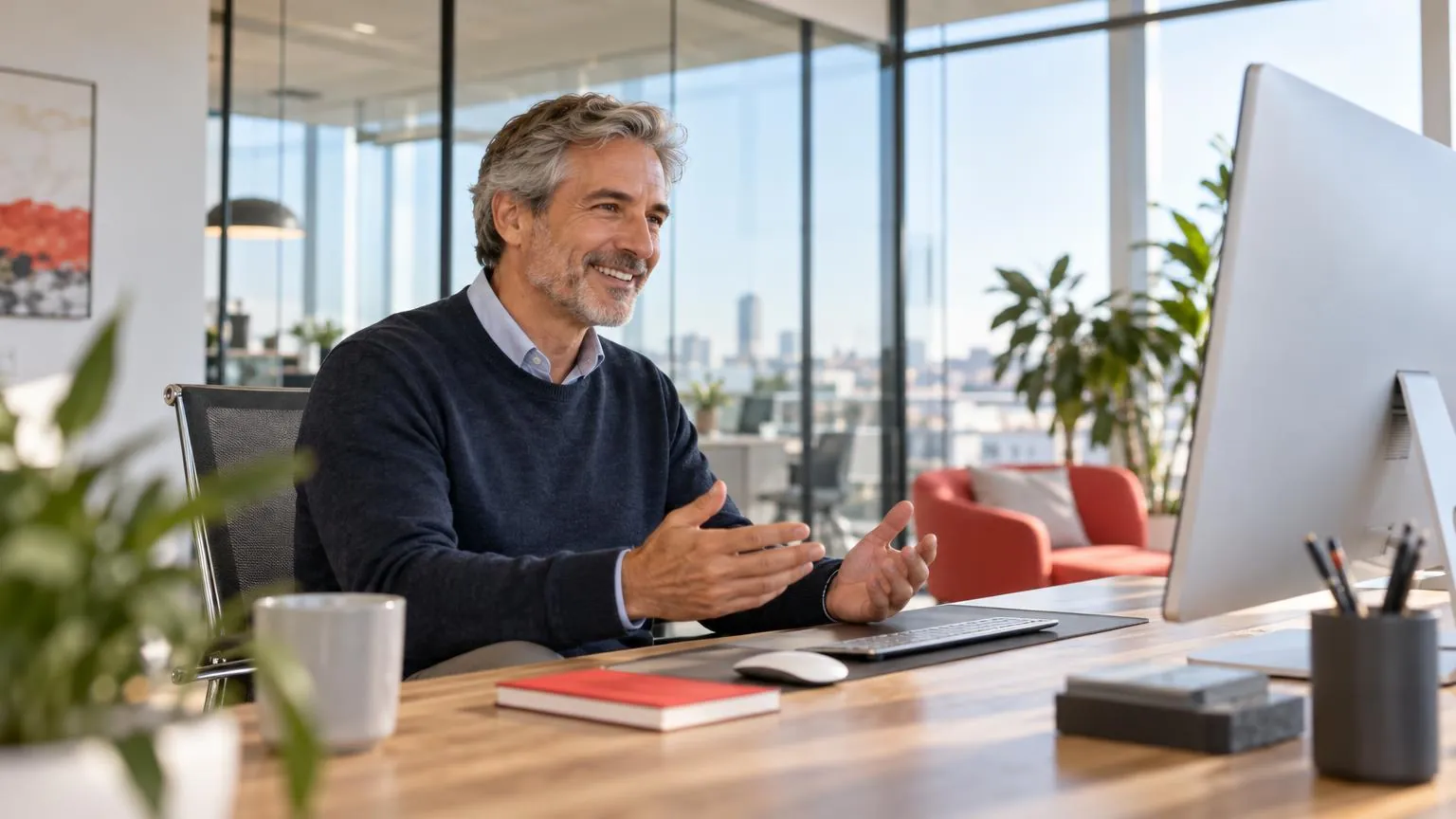 A business consultant smiling during a video call in a bright office