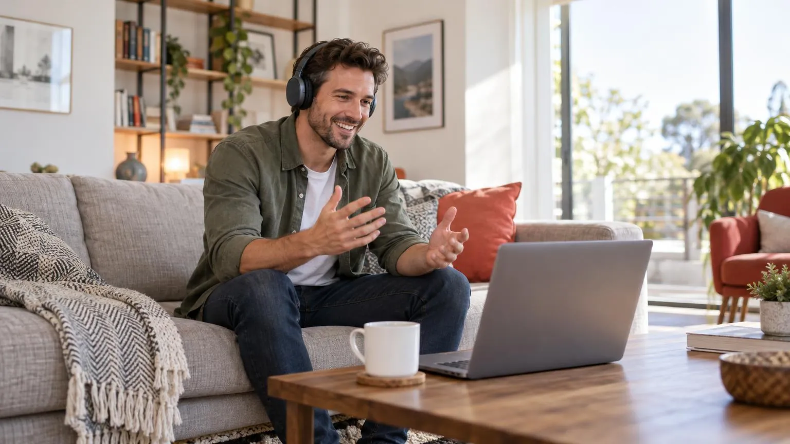 Ein Fan mit Kopfhörern spricht per Videoanruf am Laptop mit einer Creatorin
