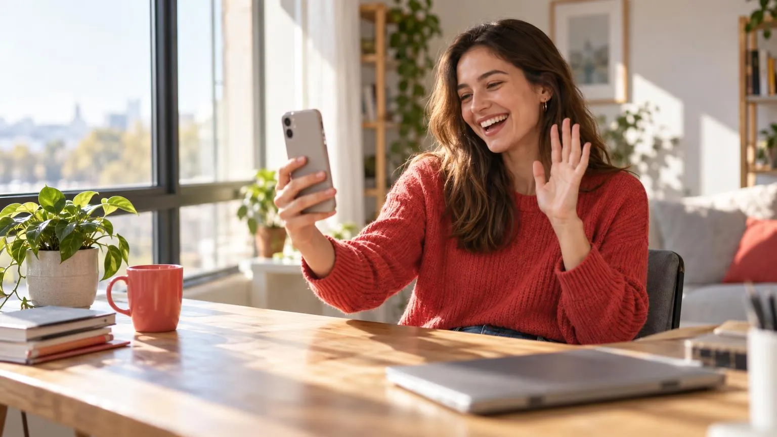A creator laughing during a live video call on her phone at a sunny desk