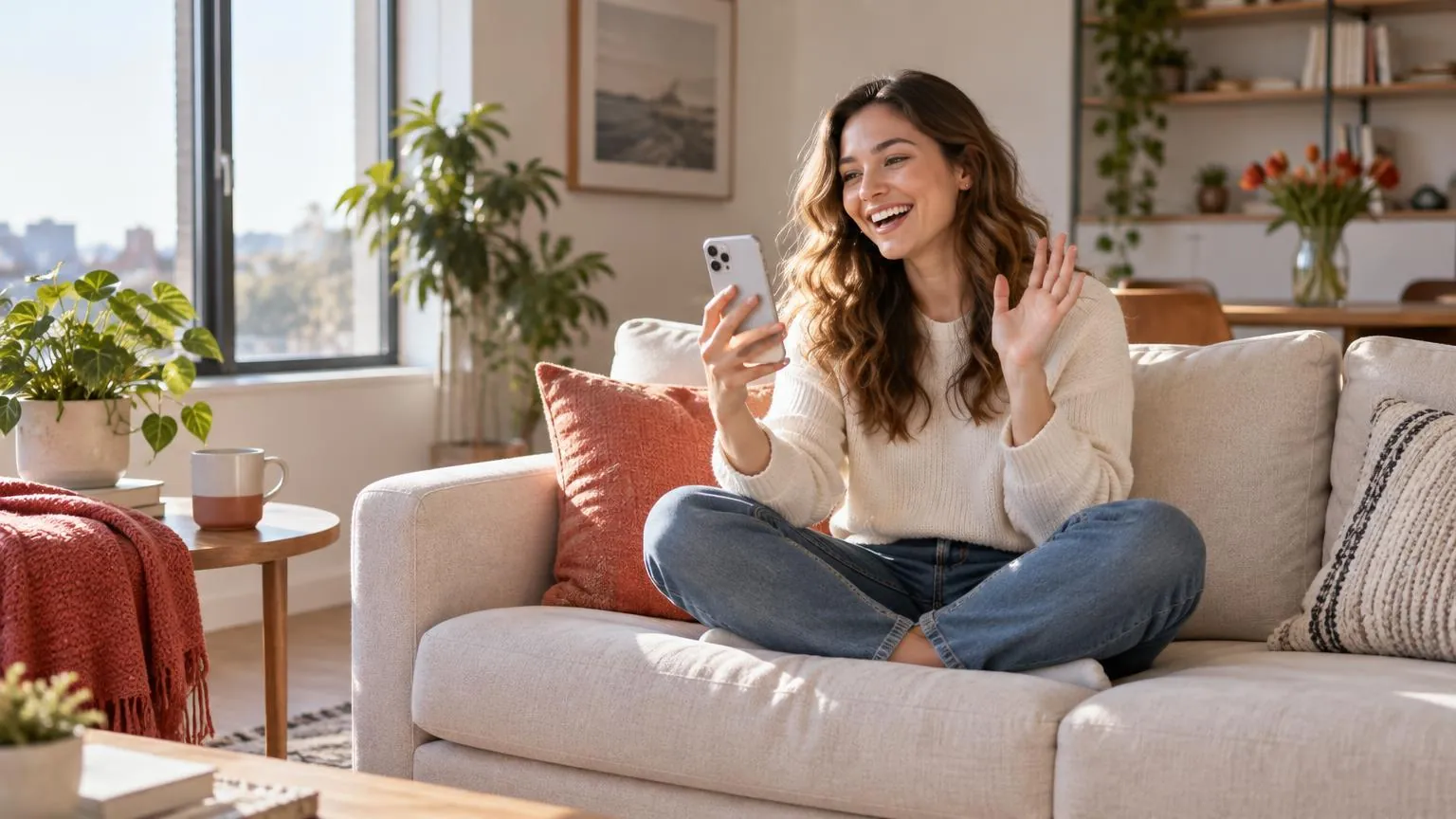 Eine Frau lacht auf einem sonnigen Sofa, während sie per Videoanruf auf dem Handy mit jemandem spricht