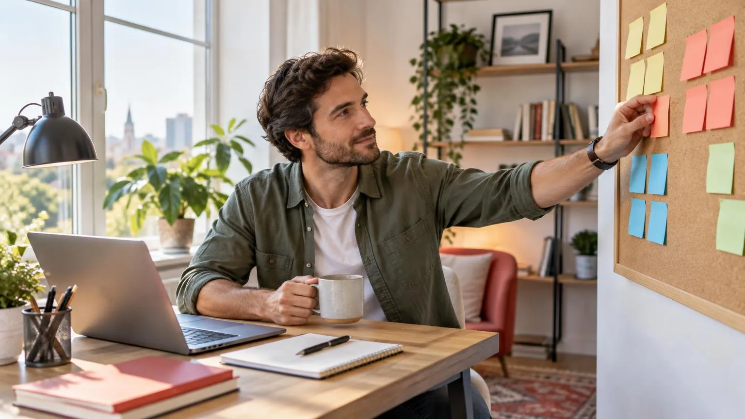A man at a bright desk grouping blank coloured sticky notes on a corkboard