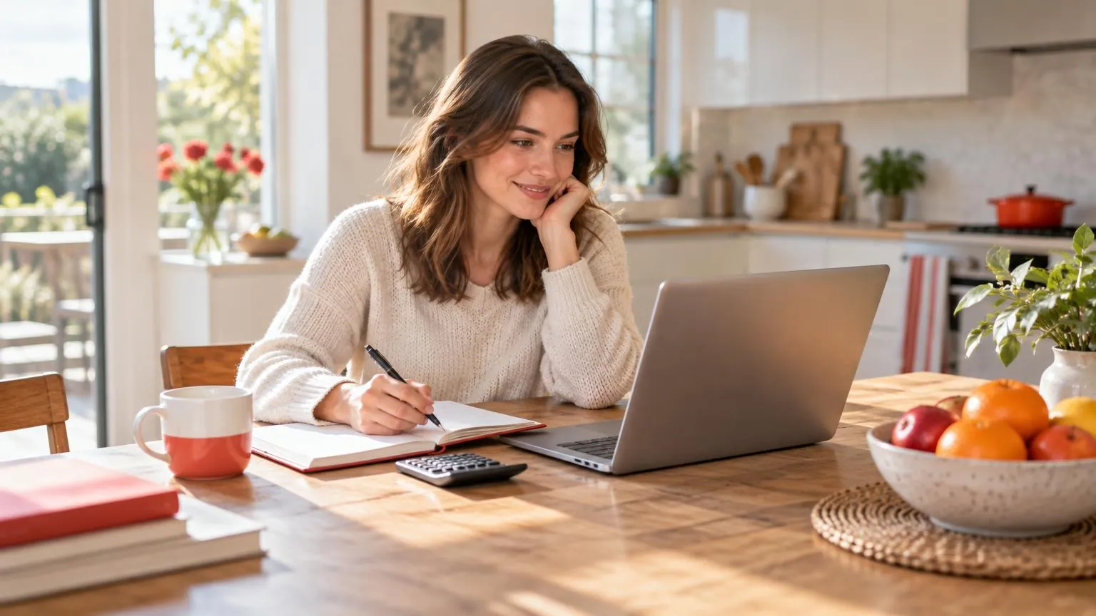 A young woman at a kitchen table with a notebook and calculator, smiling at her laptop