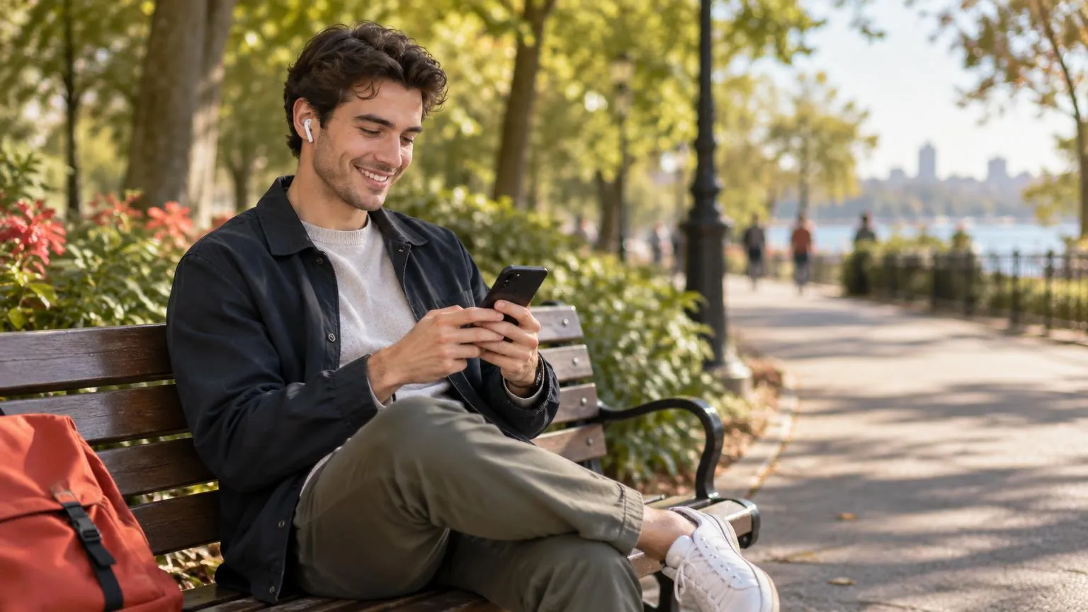 A young man on a sunny park bench updating his social profile on his phone
