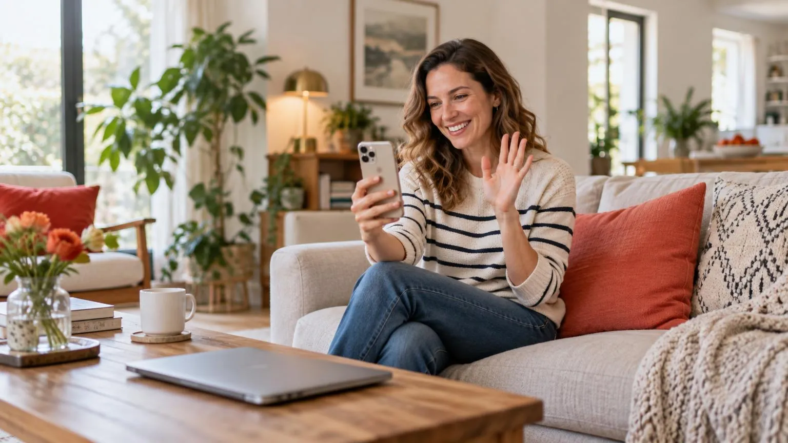 Una mujer sonriente saludando a su teléfono mientras contesta una videollamada en una sala luminosa