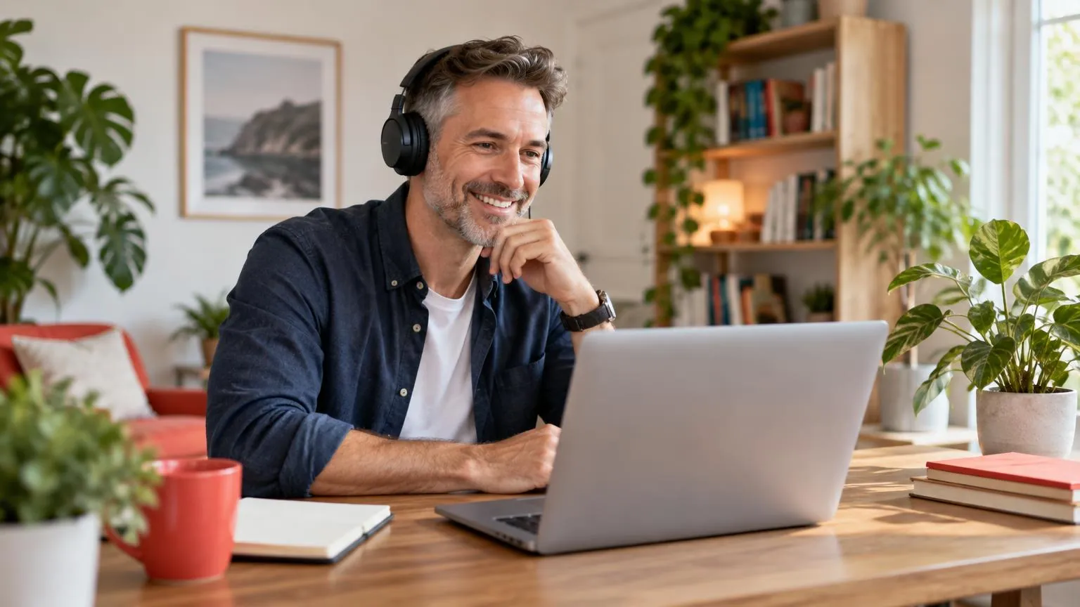 Un coach amable con audífonos escuchando con atención durante una videollamada en un escritorio ordenado