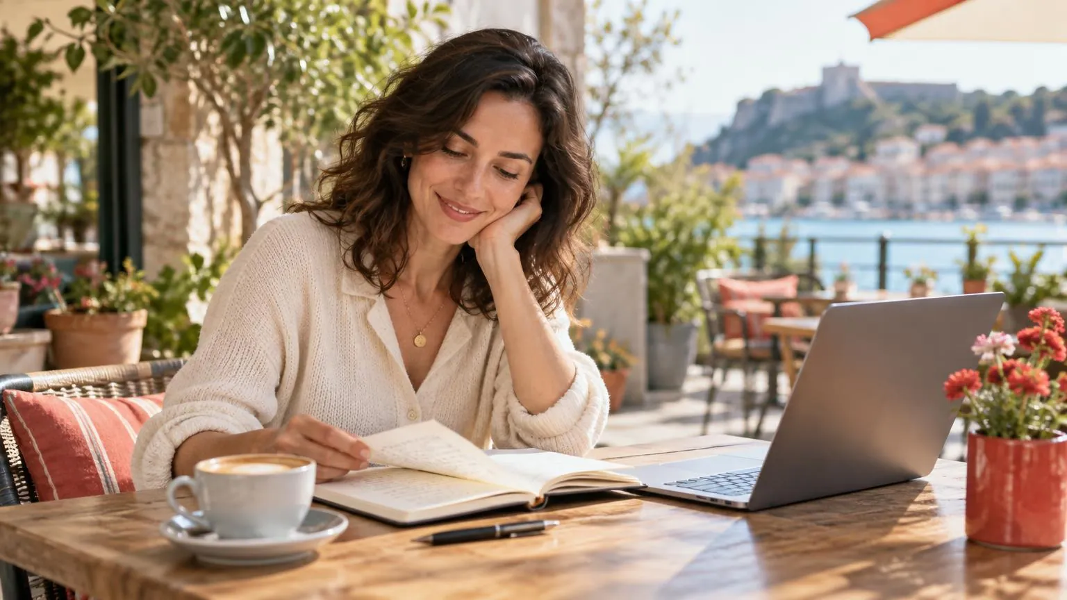 A relaxed woman at a sunny café table reviewing notes beside her laptop