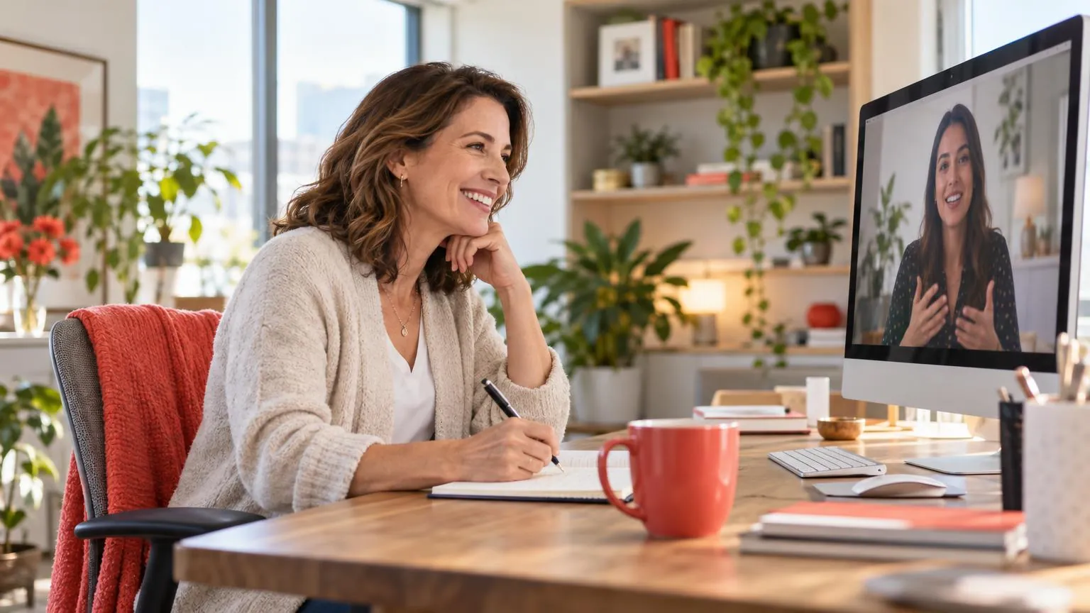 A career mentor smiling during a video call at a bright office desk
