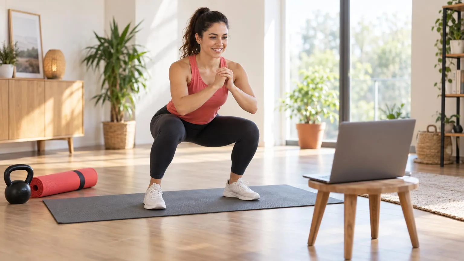 A personal trainer coaching a client over a video call in a bright home studio