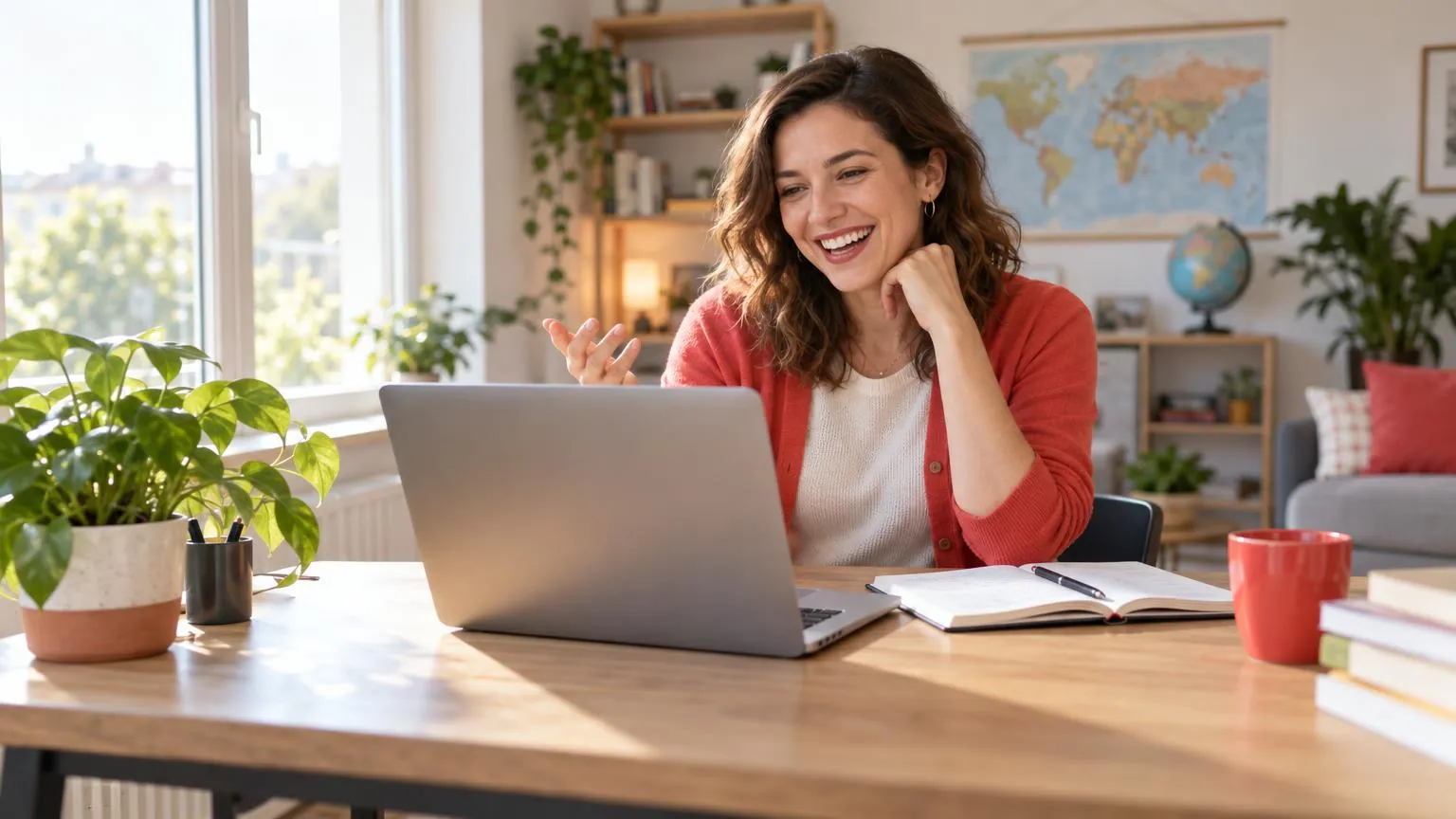 A language teacher smiling during an online conversation lesson at a bright desk