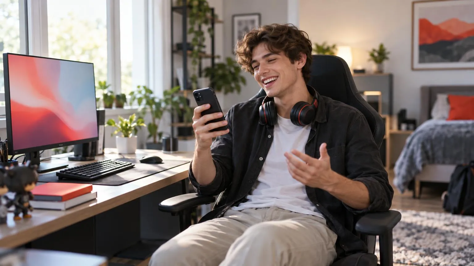 A streamer at a tidy gaming desk laughing while talking to a fan on a call