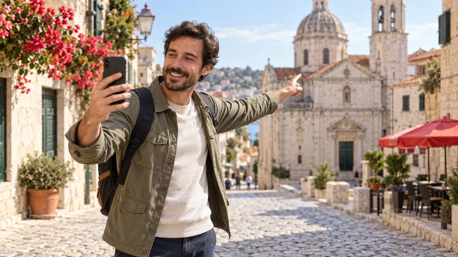 A local guide on a sunny old-town street talking to a traveller on a video call