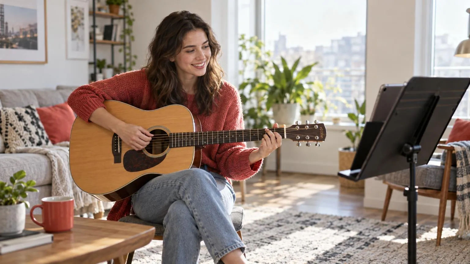 A musician showing a guitar chord during an online lesson