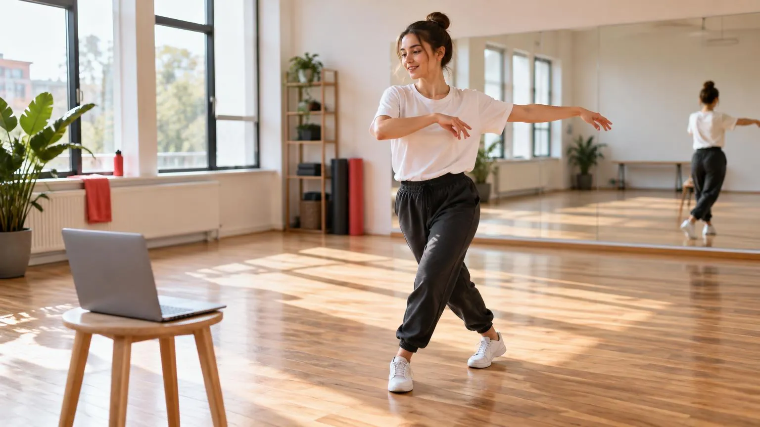 A dance teacher demonstrating a step to a laptop in a sunlit studio