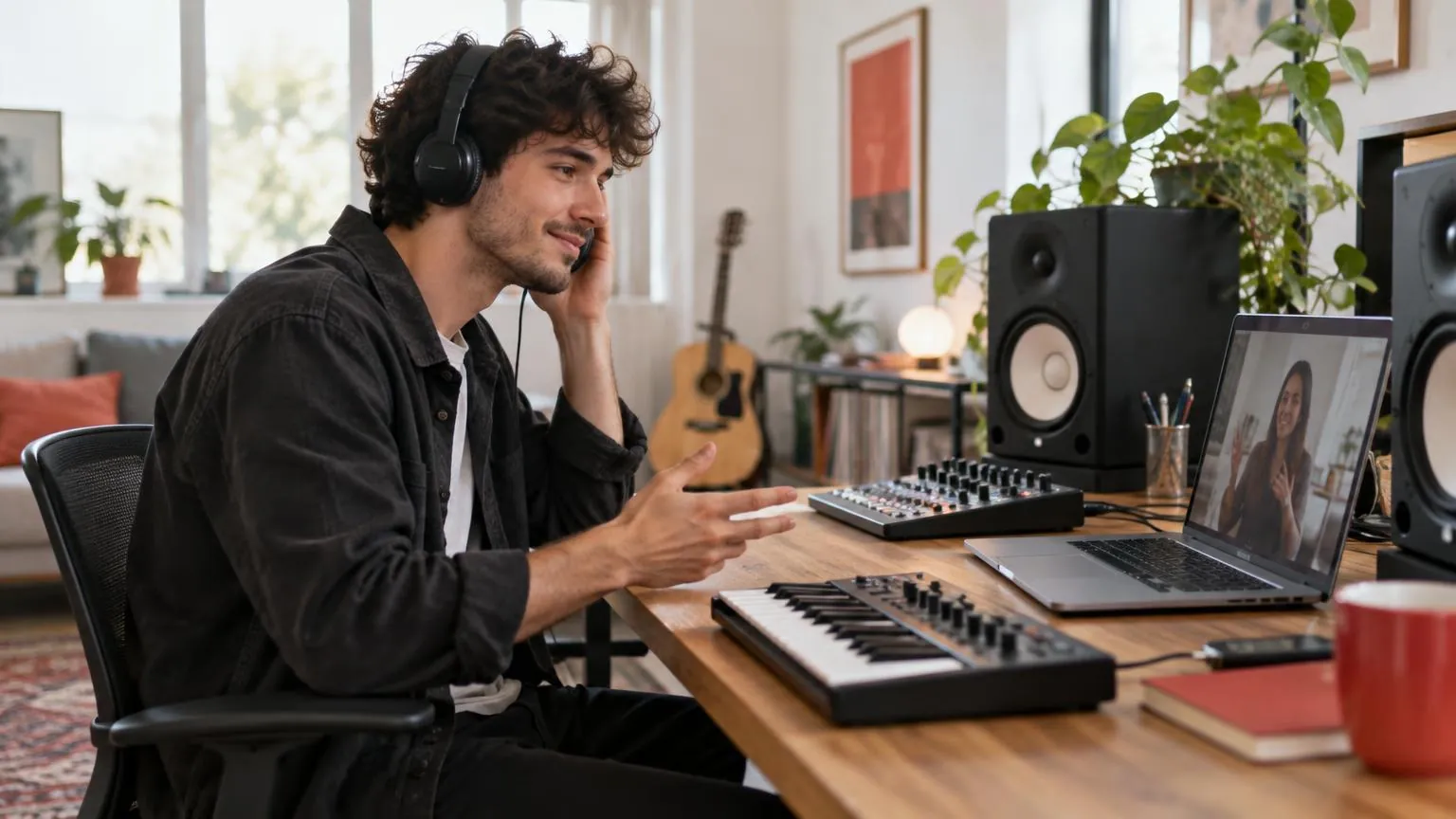A music producer at a home studio desk giving feedback on a track during a video call