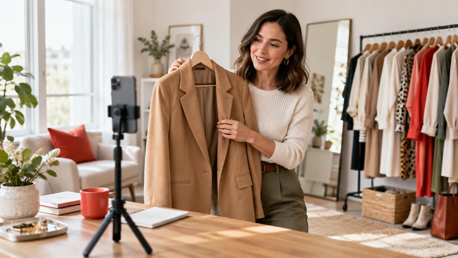 洋服ラックの横で、ビデオ通話中のスマホにジャケットを見せるパーソナルスタイリスト