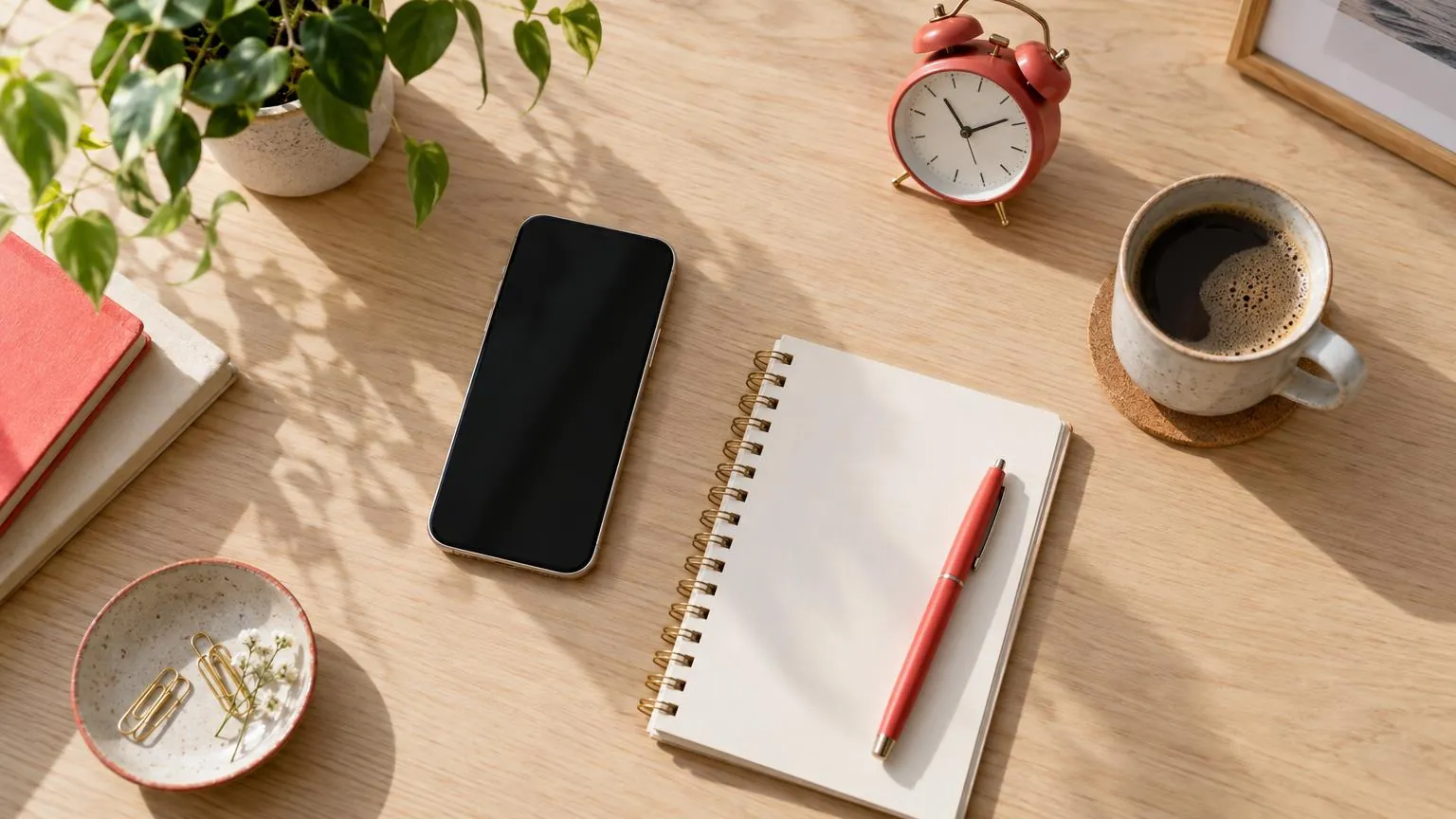 Un telefono, una sveglia e un quaderno su una scrivania di legno