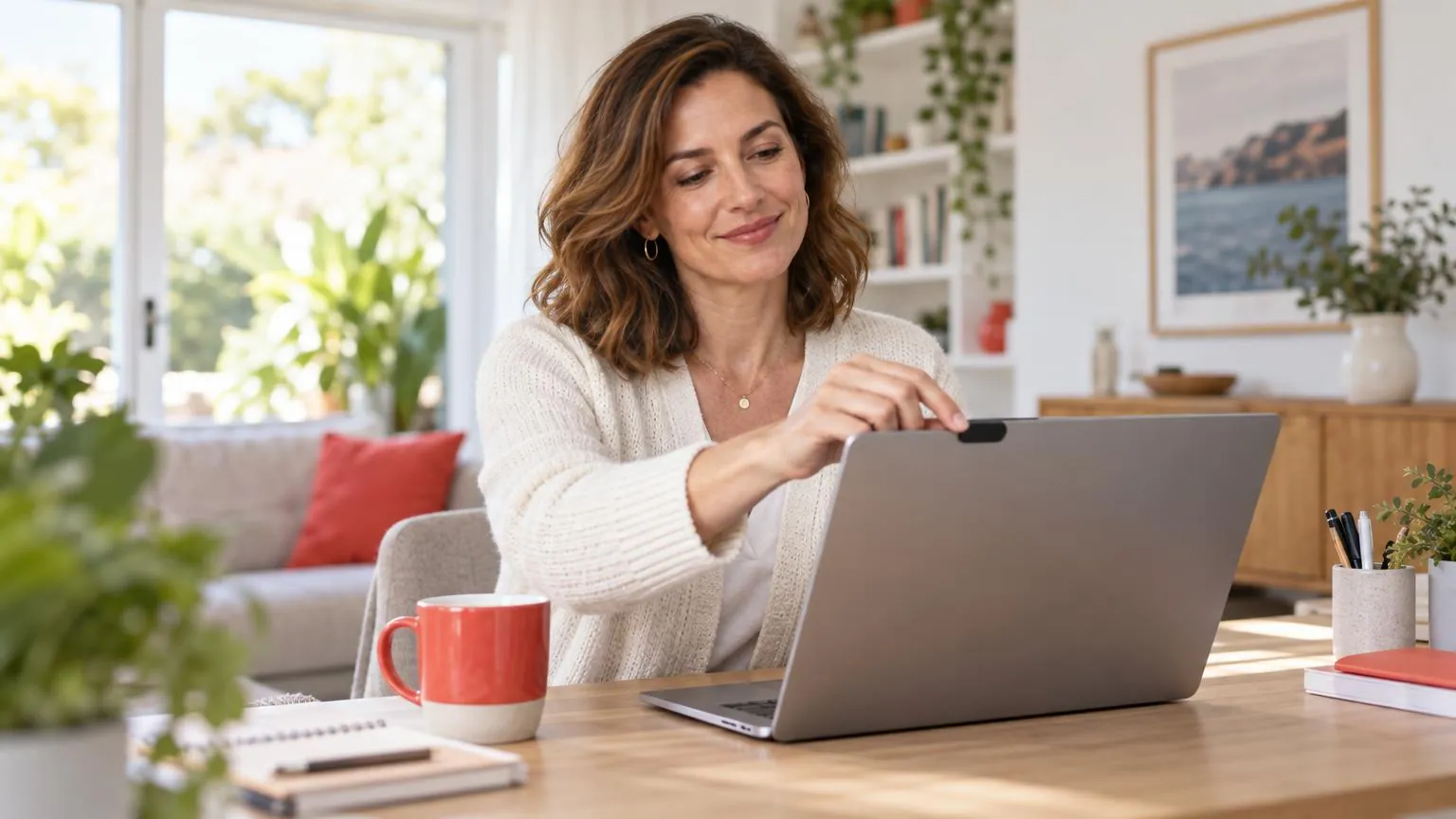 A woman closing her webcam privacy cover at a bright home desk