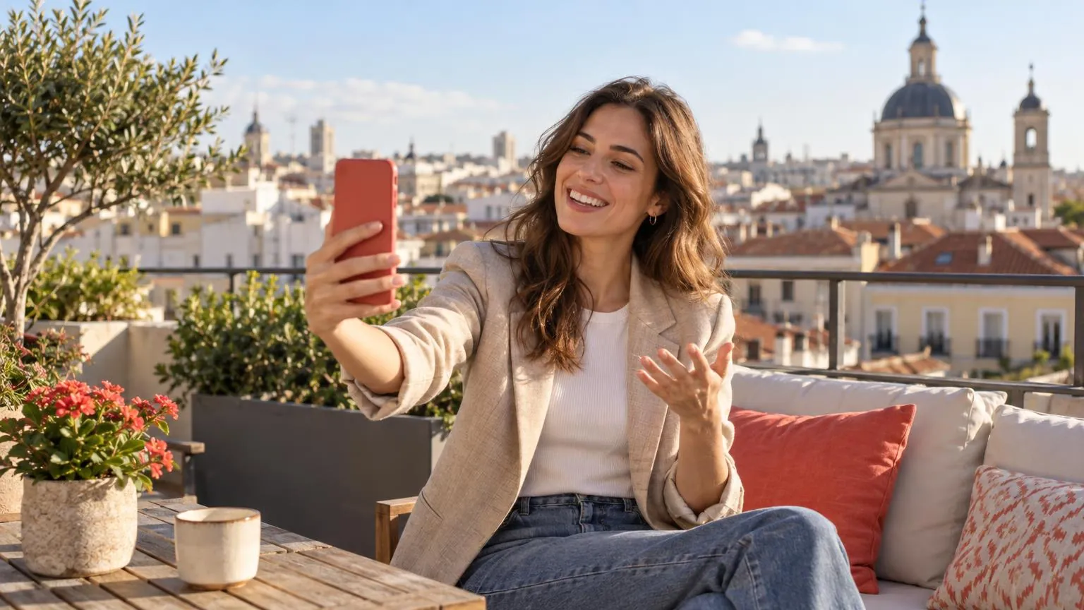 A woman on a Madrid rooftop talking to her phone during a video call