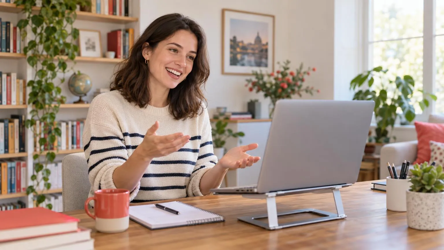 A language tutor teaching an online lesson on her laptop